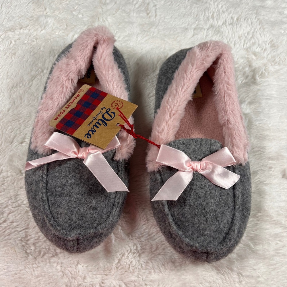 DLuxe by Dearfoams Memory Foam Slippers Gray Pink Ribbon Bow Girls‎ Size 1 NWT